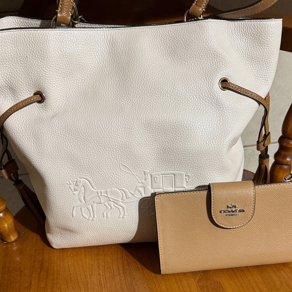 Coach Cream and Tan Leather Tote